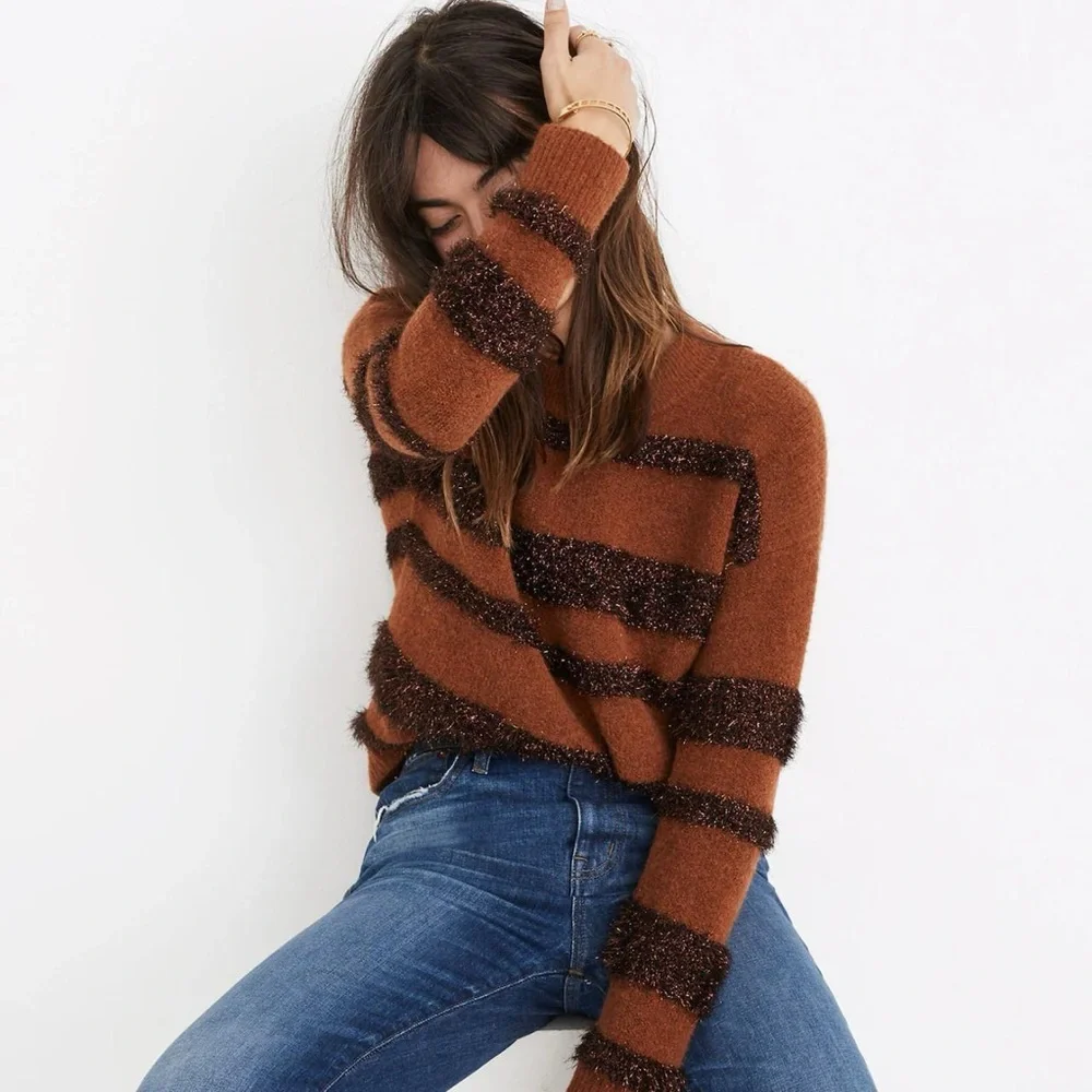 Madewell Fuzzy Striped Knit Sweater – Rust Brown Metallic Cozy Fall Pullover - Picture 8 of 8